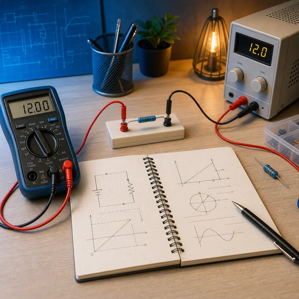 電気計算の求め方を回路と測定器で確認する説明図