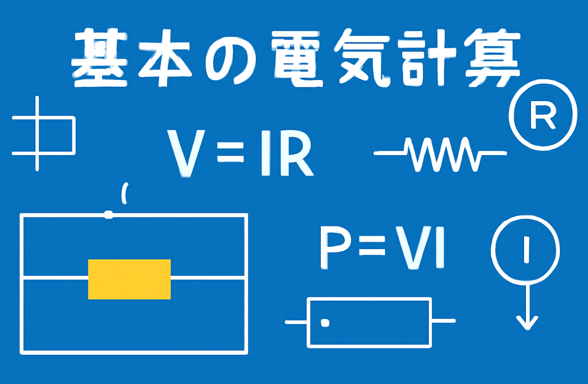 電気計算の基本公式を示す図表 - オームの法則、電力計算、電力量計算の公式と実務での応用例を視覚的に表現